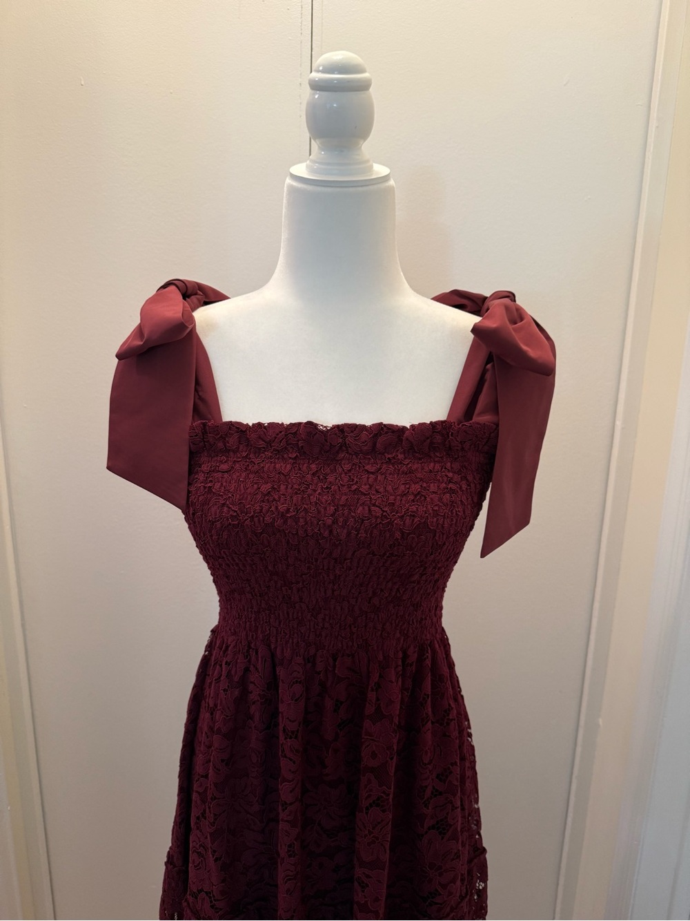 Hill House Burgundy Lace Midi Dress with Bow Shoulder Straps